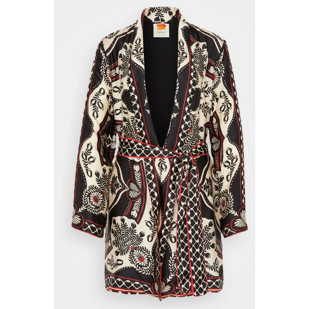 FARM RIO Passion Kimono Black Red Boho Belted Summer Jacket Robe Womens Small